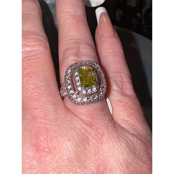 Cushion Double Halo Green Peridot Sterling Silver Cocktail ring in size 7. - Picture 5 of 12